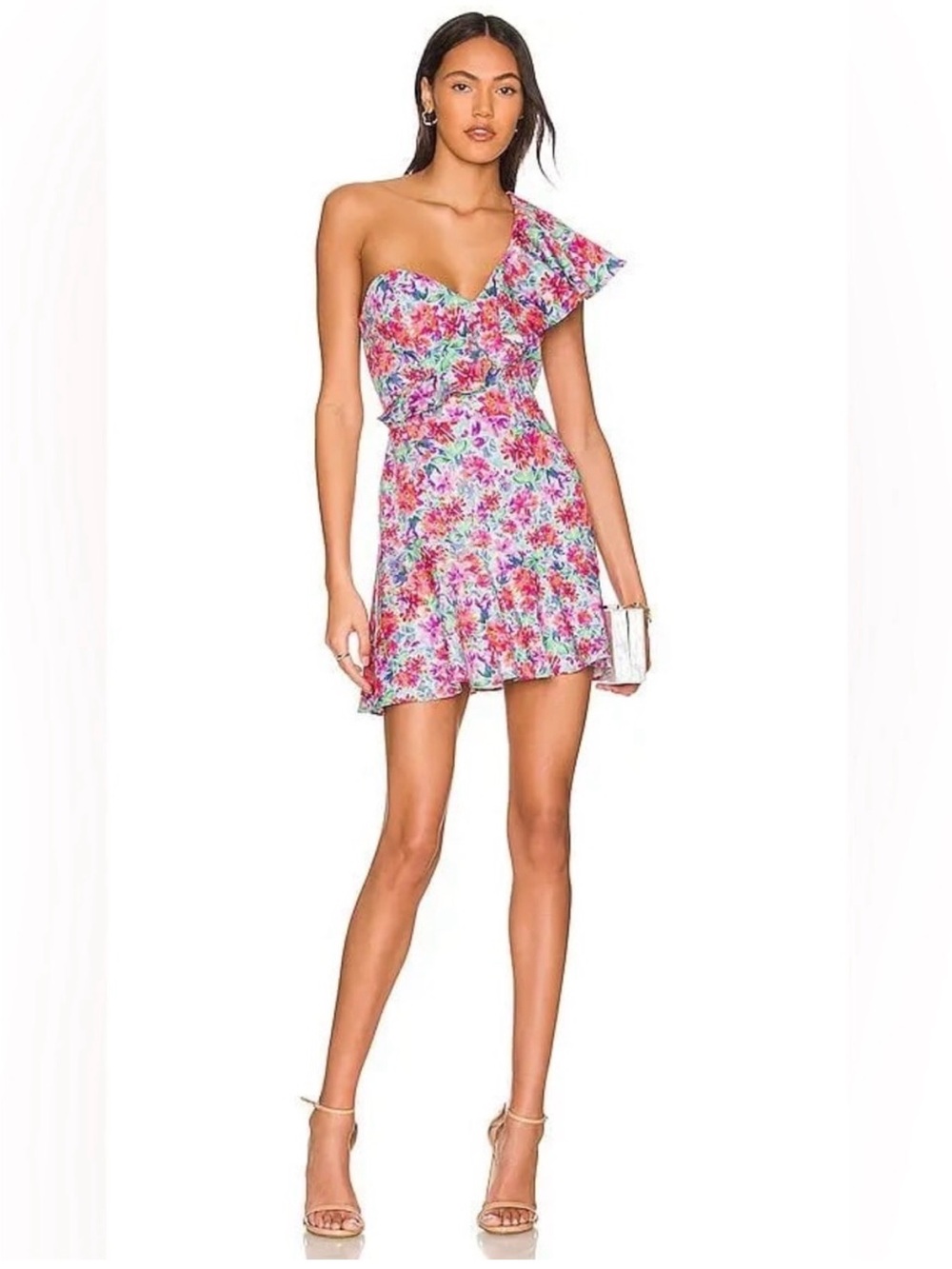One-Shoulder Floral Mini Dress in Multi Pink